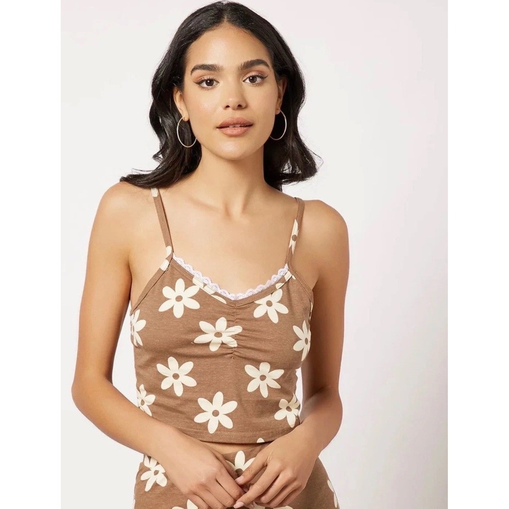 Daisy Street Cami Crop Top Medium Brown‎ Floral Cotton Stretch Y2K Lace Trim M